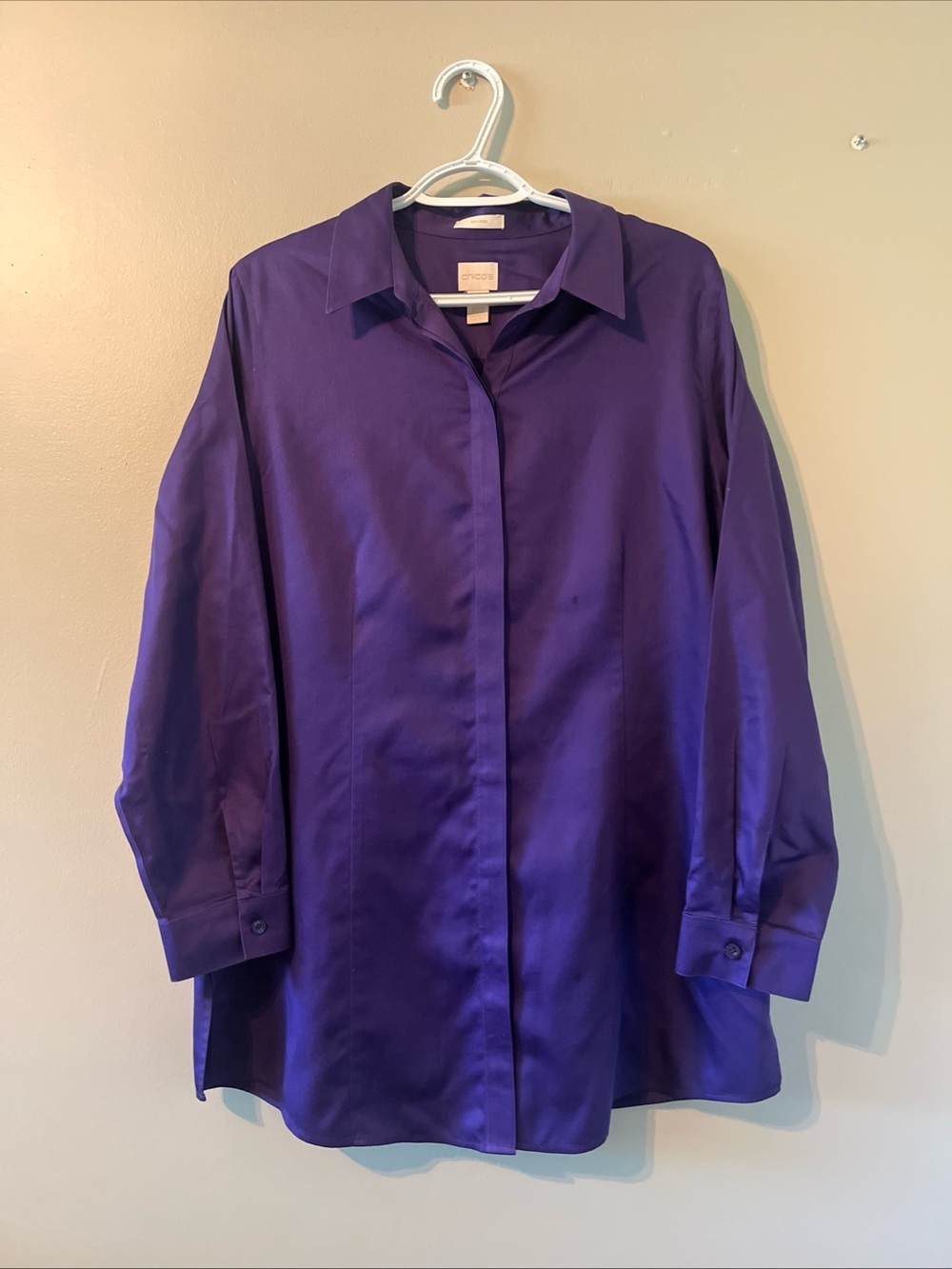Chicos No Iron Button Up Shirt Large (2) Royal Purple 100% Cotton Tunic Length
